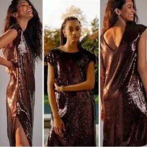 Anthropologie Shimmering Sequin Midi Dress in Brown